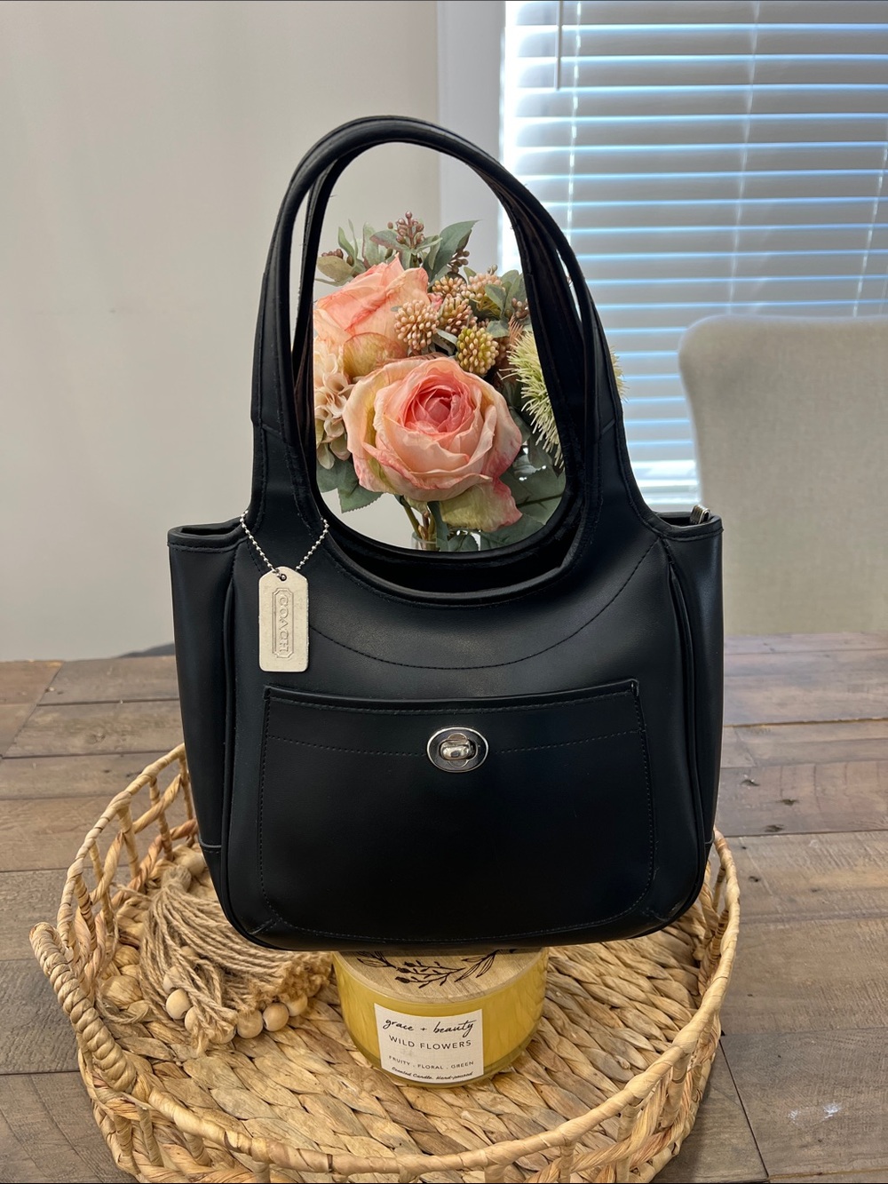 Coach Black Leather Turnlock Shoulder Bag